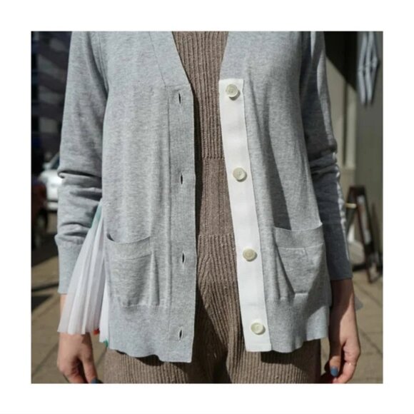 Women Sacai White Multicolor Floral Mixed Media Knit V-Neck Cardigan Sweater L - Picture 3 of 14